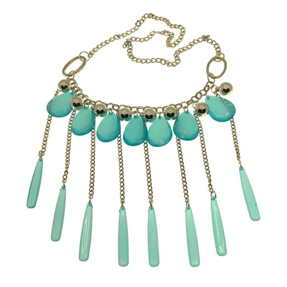 Teardrop Beaded Chain Fringe Necklace 24 Inch Length Blue Silver Tone - Picture 2 of 3